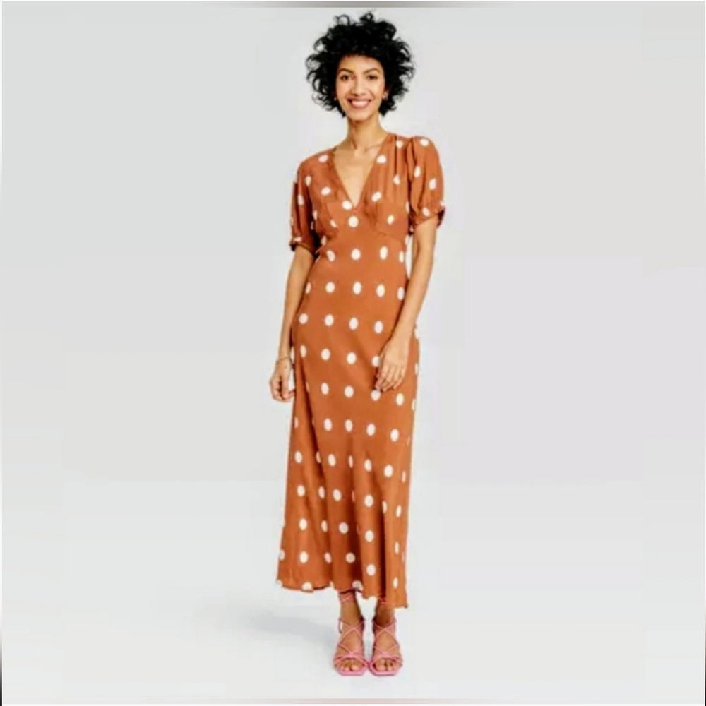 A New Day Brown/Tan And White Polka Dot Dress